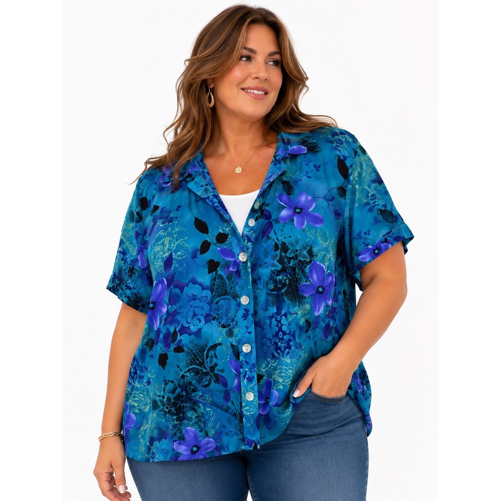 R&K Originals Woman Button Down Shirt Women 22W‎ Blue Floral Rayon Tropical Top